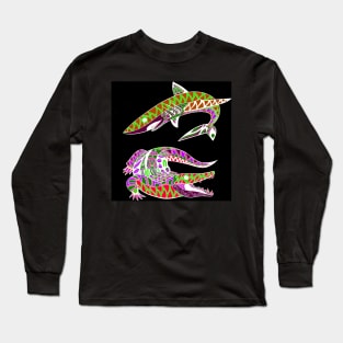 shark and alligator attack ecopop tribal totonac pattern art Long Sleeve T-Shirt